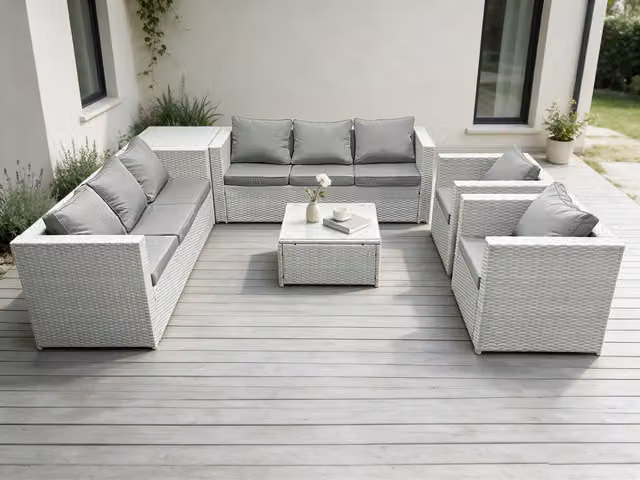 Fimous 8 Seater Grey Rattan L-Shape Corner Garden Outdoor Sofa Set with Coffee Table and Upholstered Cushions – 1