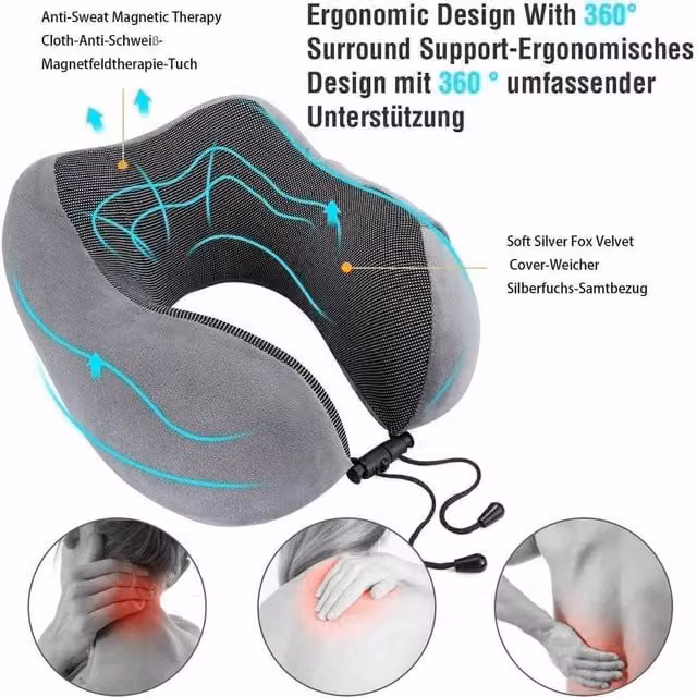 KORVIXA Grey U-Shaped Memory Foam Travel Neck Pillow with Breathable Velours Fabric
