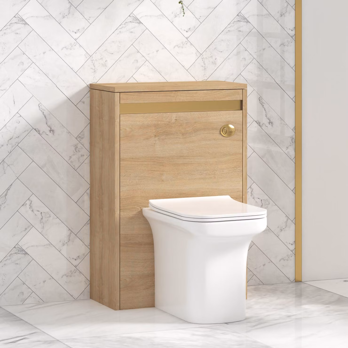 Royal Bathrooms Orion Natural Oak Wall Mounted WC Unit with Crosby Rimless Ceramic Toilet Pan, Seat and Cistern, White and Brown with Brushed Brass Accent Trim, Width: 54 cm