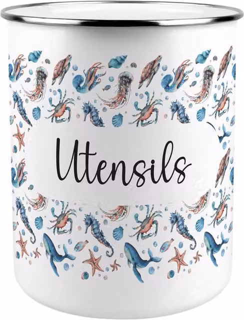 Purely Home Sea Art Kitchen Utensil Holder in Blue and White Metal