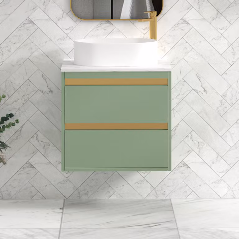 Royal Bathrooms Orion 800mm Mint Sage Wall Hung Countertop Vanity Unit with 2 Drawers, Peak Basin and Brushed Brass Accent Trim