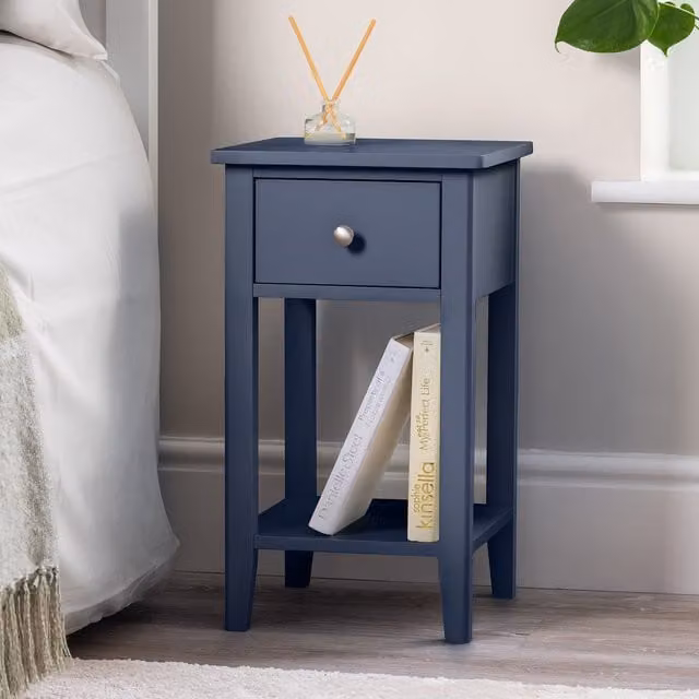 Christow Modern Lacquered Slim Bedside Table with Drawer in Blue