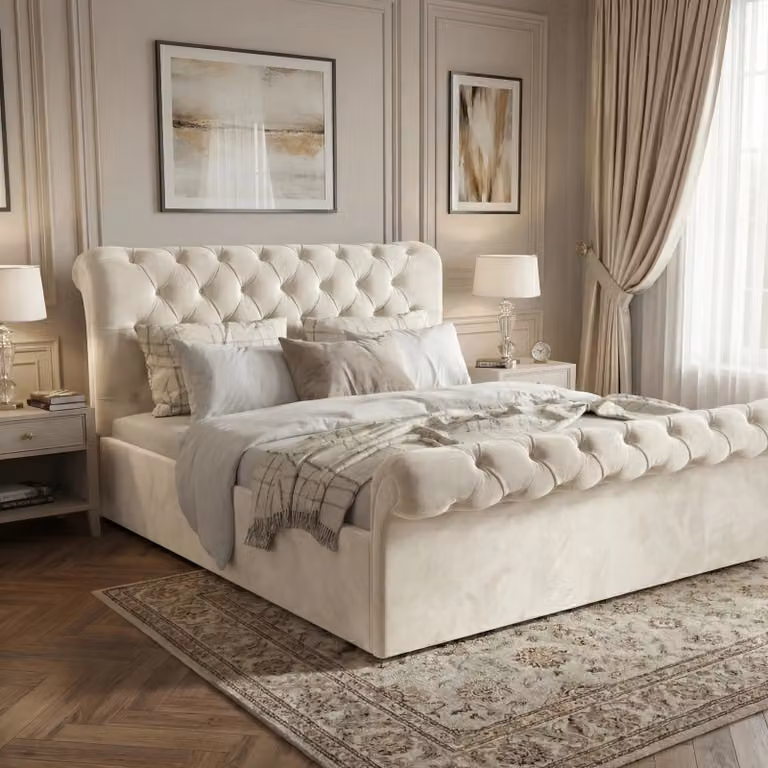 DHS Chesterfield Ottoman Storage Bed Frame with Side Lift Base, Double (4ft6), Beige
