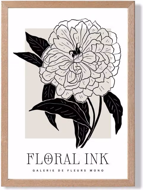 ARTZE Peony Black and Beige Floral Ink Sketch Framed Print with Oak Frame – 1
