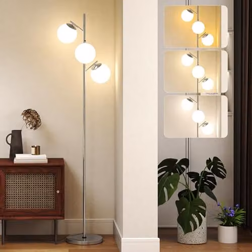 HOMCOM 3-Light Tree Floor Lamp in Silver with Adjustable Colour Temperature and Glass Spheres