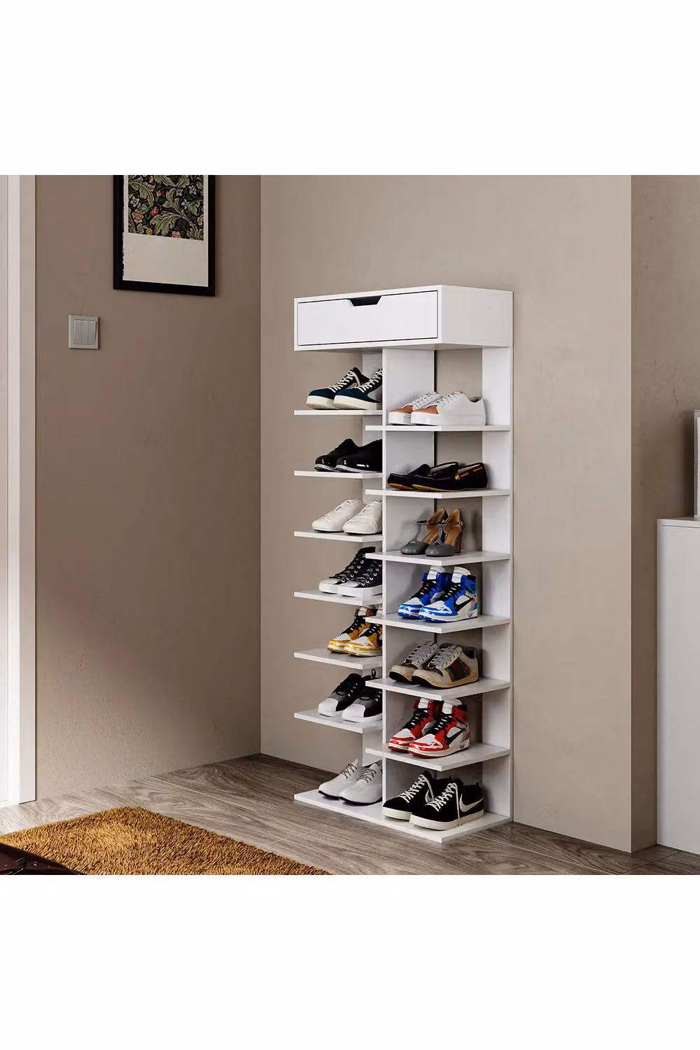 Living and Home 9/8 Tier Shoe Rack with Drawer Organizer Storage Shelf in White – 2