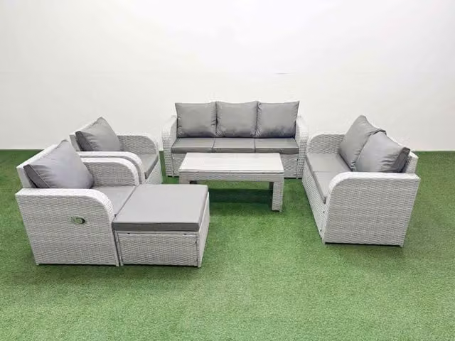 Fimous Grey PE Rattan Garden Furniture Set with 2 Seater Sofa, Coffee Table and Ottoman