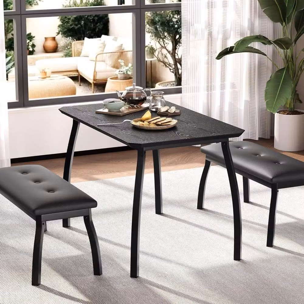 KORVIXA 3 Piece Modern Square Dining Table and Bench Set in Matt Black, W/D/H: 100 x 100 x 76 cm – 5