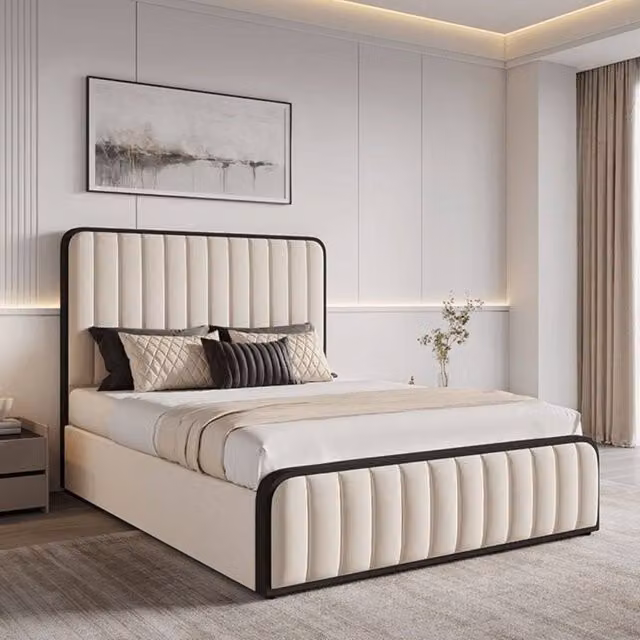 Modish Furnishing Olivia Cream Velvet Ottoman Storage Bed with Black Fabric Edges, W/D/H: 140 x 200 cm