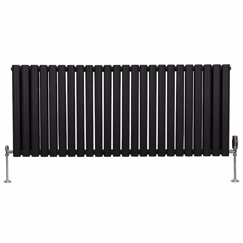Monstershop Oval Column Radiator with Integrated Valves and Thermostat Head, Black, H 144 cm x W 60 cm – 2