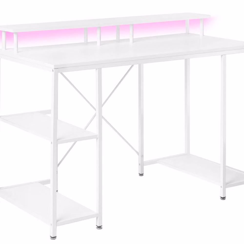 Wyld and Coco White Gaming Desk with 3-Tier Shelf and Raised Monitor Stand – 2