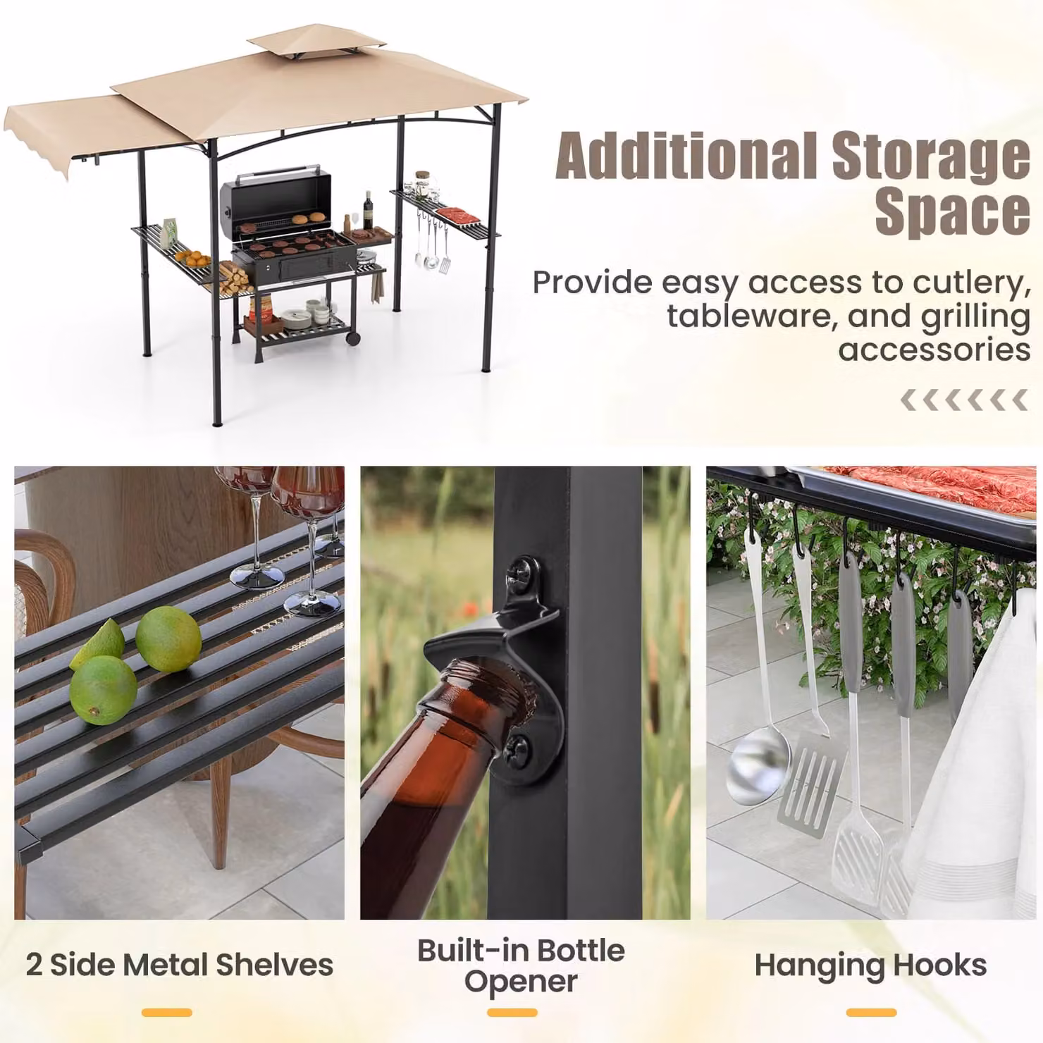 Costway Grill Gazebo Outdoor Barbecue Canopy Tent with Side Awning, Beige, W: 318 cm, D: 153 cm, H: 250 cm – 5