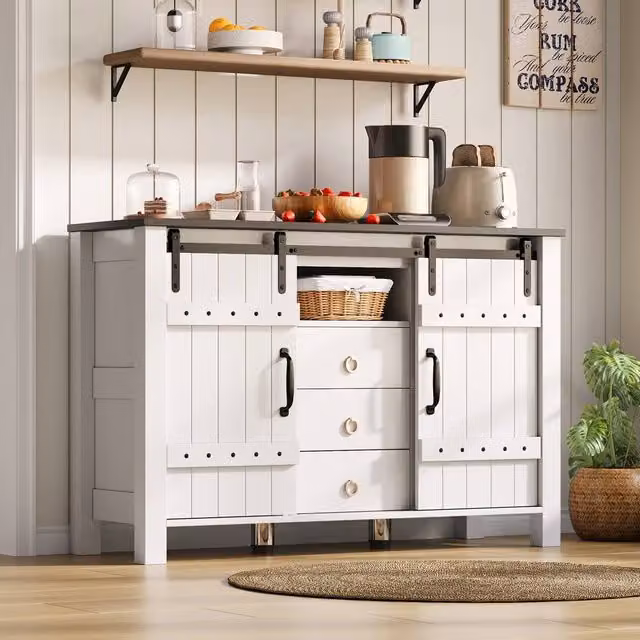 Matteo Rustic White Sideboard with Sliding Doors and 3 Soft Close Drawers, Width: 120 cm