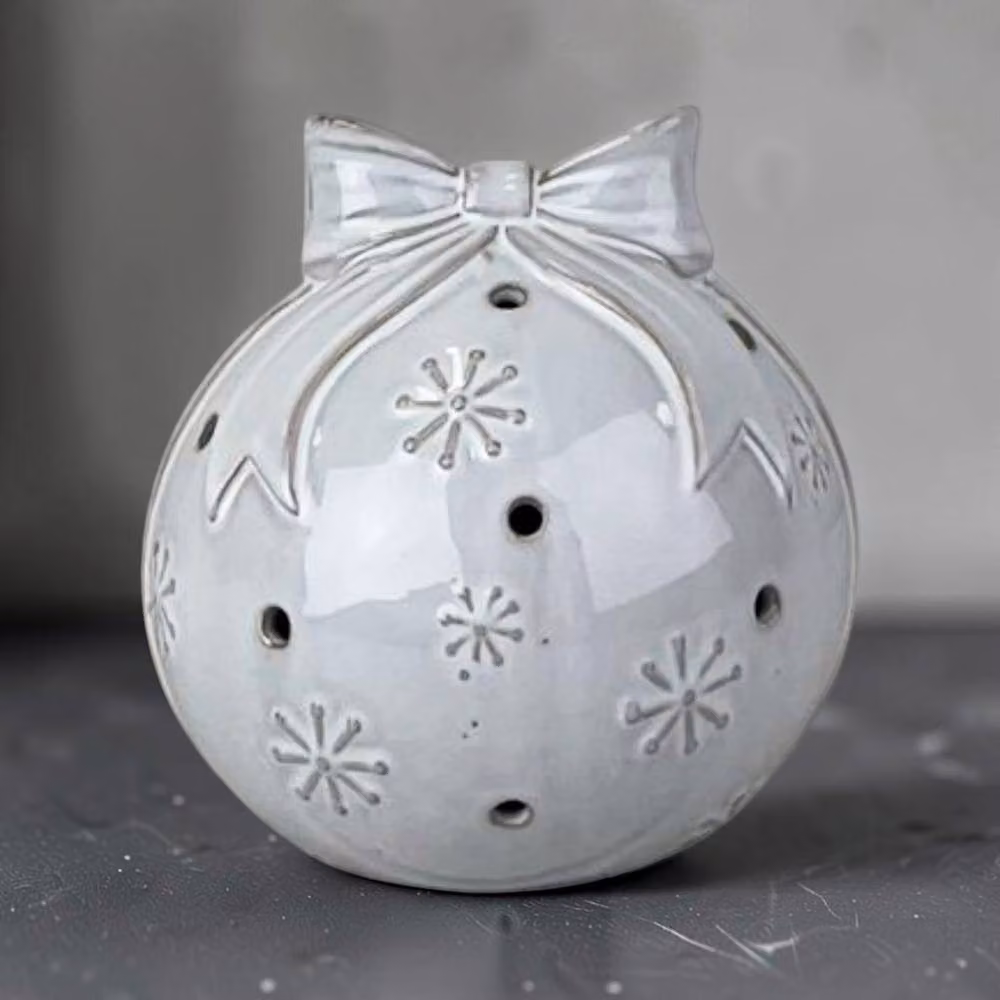 Four Candle White Glazed Ceramic LED Christmas Bauble with Bow and Snowflake Detail – 2