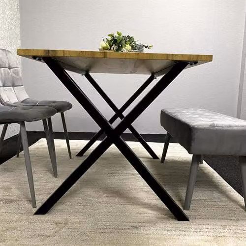 KOSY KOALA Modern Dining Table Set with Padded Bench and 2 Grey Velvet Chairs, Brown Wood Effect Tabletop and X-Shaped Metal Legs – 3