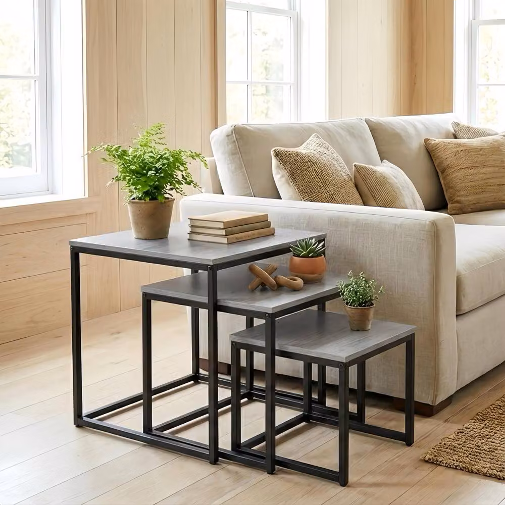 Alivio 3-Piece Industrial Nesting Coffee Table Set with Wood Tops and Black Metal Frame in Grey – 3