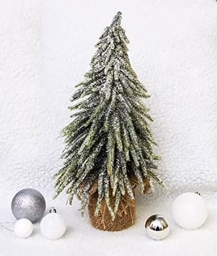 St Helens Home & Garden Decorative Snow Topped Mini Christmas Tree in Brown Hessian Bag, Height: 35 cm