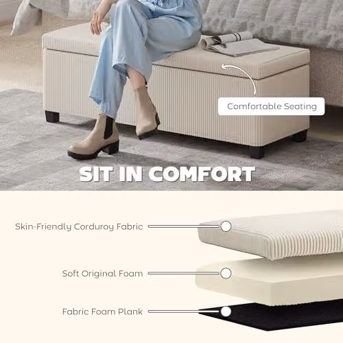 HOMCOM Corduroy Storage Ottoman Bench in Beige with Padded Top and Lid, W: 112 cm, D: 40 cm, H: 42 cm – 3