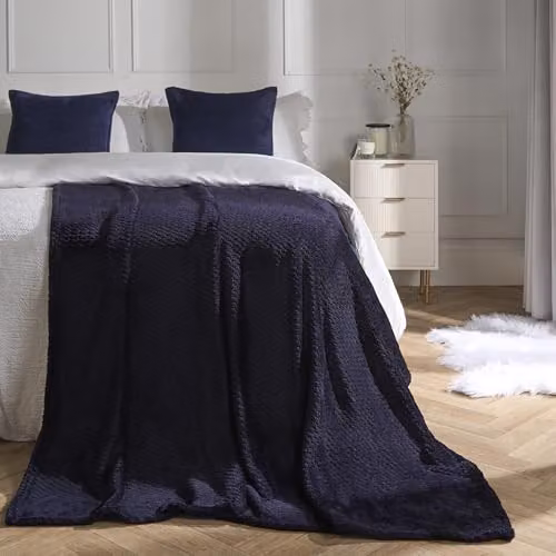 Dreamscene Navy Blue Fleece Blanket, Soft Waffle Honeycomb King Size Sofa Throw, W: 200 cm, D: 240 cm – 2