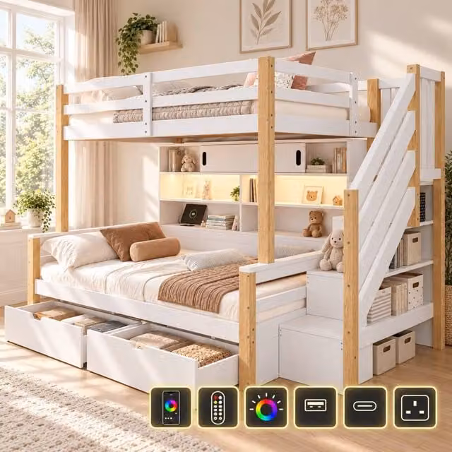 Matteo Single Bunk Bed Frame with Storage Staircase, LED Lighting and USB Charging Port in White – 1