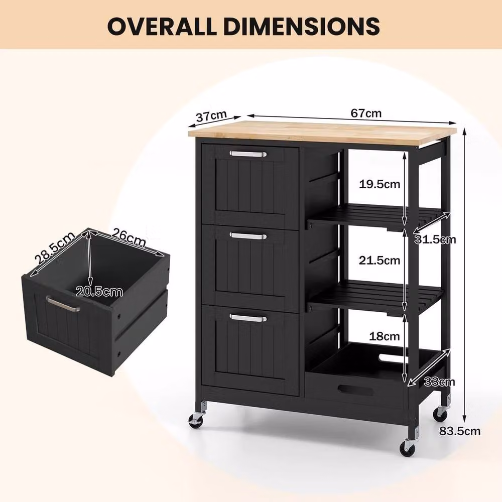 VOGREX Black Rolling Utility Kitchen Storage Trolley with Lockable Wheels and Wood Shelving – 2