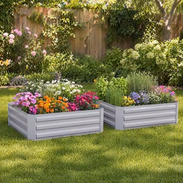 STILVORA Set of 2 Steel Raised Garden Beds in Grey, W/D/H: 100 x 100 x 30 cm