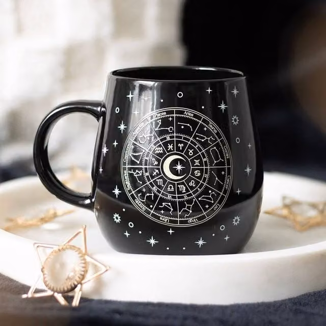 Uniqueful Astrology Wheel Heat Change Ceramic Mug in Black and Gold, 500 ml