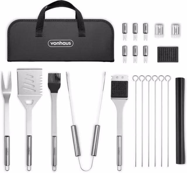 VonHaus 20 Piece Stainless Steel BBQ Tools Set with Storage Case in Silver