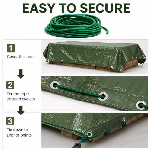 SolaDirect Heavy-Duty Waterproof Green Tarpaulin with 10m Elastic Tie Rope – 5