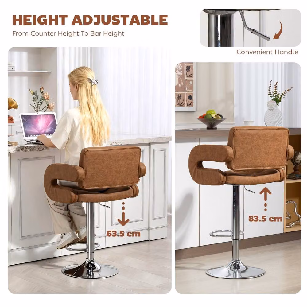 Wyld Haus Dovetti Brown Faux Leather Adjustable Swivel Bar Stool with Armrests – 4