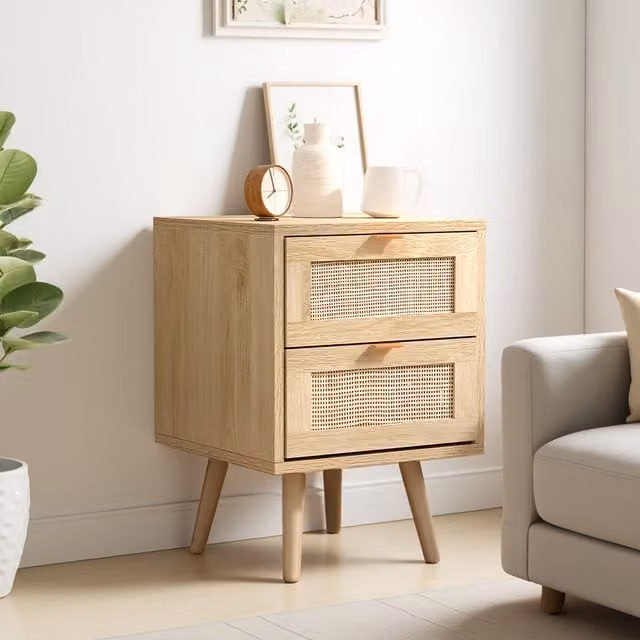 Lifeideas Set of 2 Mid-Century Pine Wood and Rattan Side Cabinets in Brown and Yellow