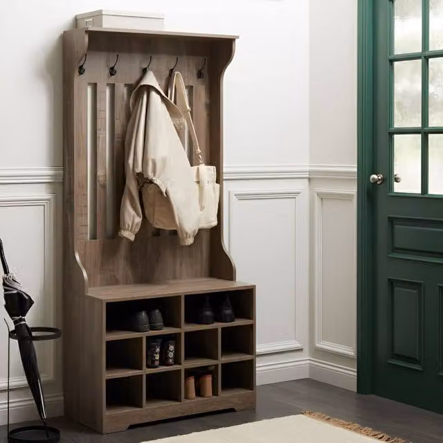 Wyld and Coco Dark Brown Shoe Storage with Coat Rack featuring 10 Cubbies and 5 Hooks