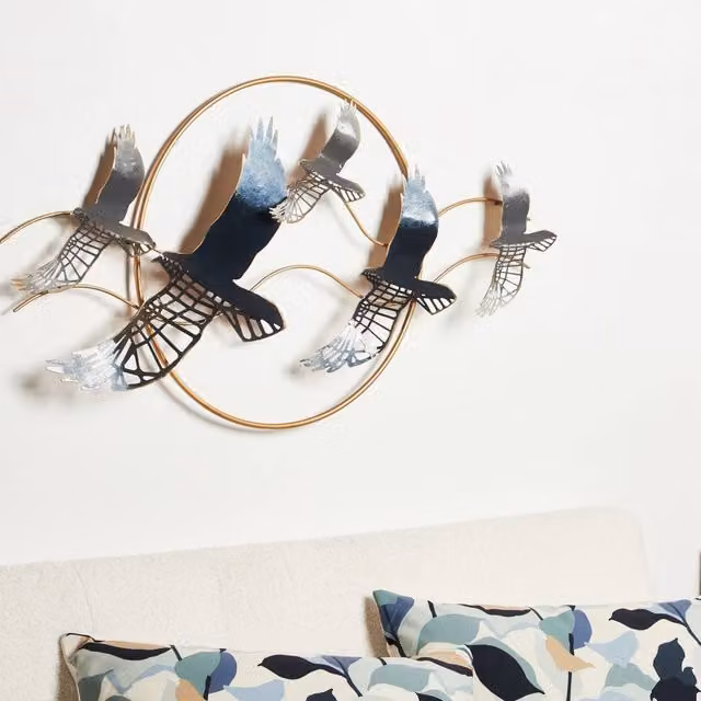 Wyld and Coco Multicolour Gold Iron Bird Wall Sculpture Modern Abstract Metal Decor
