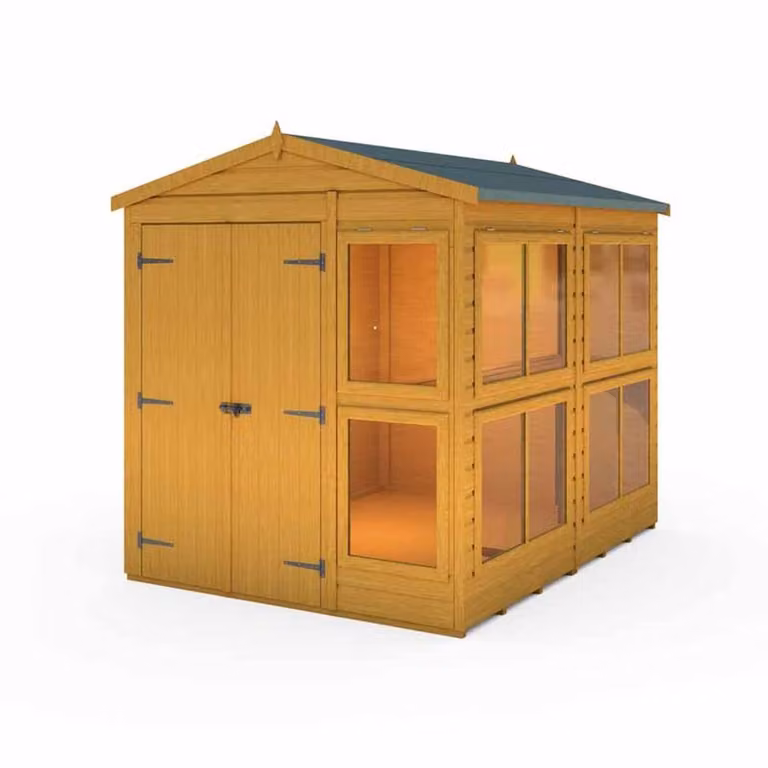 Shires Sun Hut Brown Wooden Potting Shed with Window and Shelving, W: 185.8 cm, D: 238 cm, H: 214.6 cm