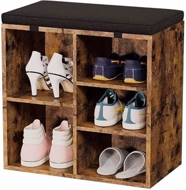 FORGEVIO Brown Industrial Wood Shoe Storage Bench and Rack with Cushion and Adjustable Shelves