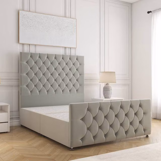 BSSPOKE Maya Double Divan Bed Set in Silver Plush Velvet with 54 inch Headboard, W/D/H: 140 x 200 cm