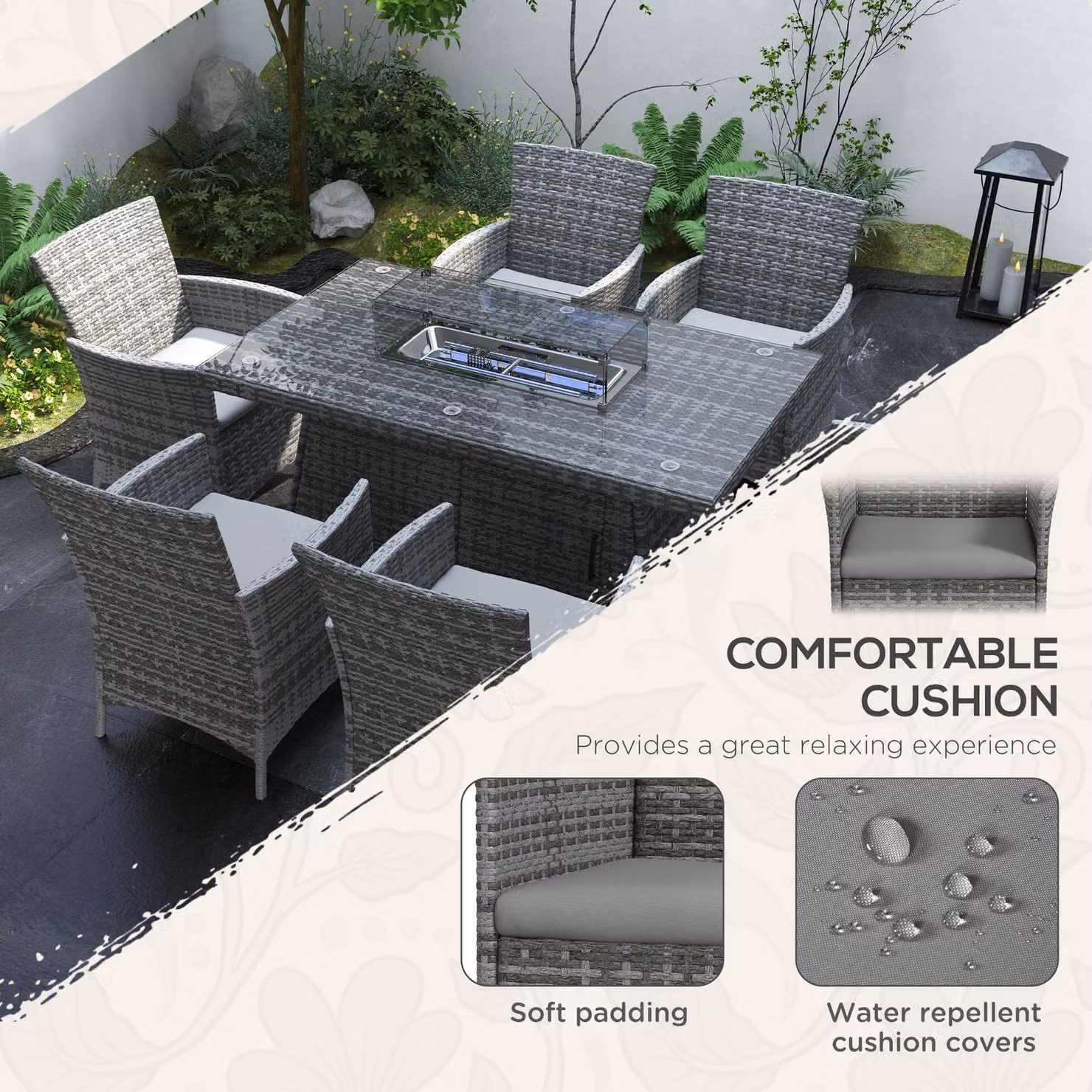 Outsunny 7 Piece Grey PE Rattan Garden Dining Set with 50,000 BTU Fire Pit Table and Armchairs with Cushions – 5
