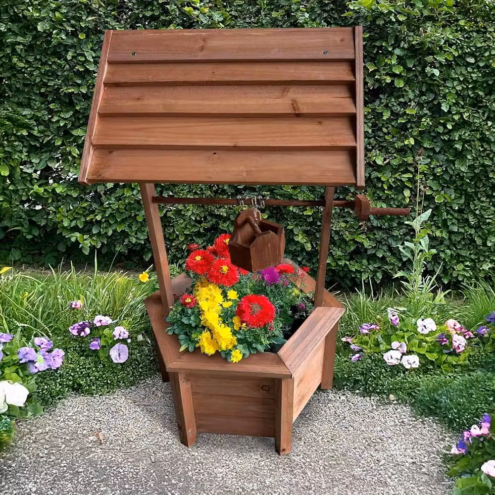 BARGAINS-GALORE Wooden Garden Wishing Well Fountain and Waterfall Planter Pot in Brown – 2