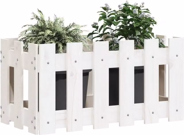 Berkfield Home Beautiful Garden Planter with Fence Design in White, W: 60 cm, D: 30 cm, H: 30 cm