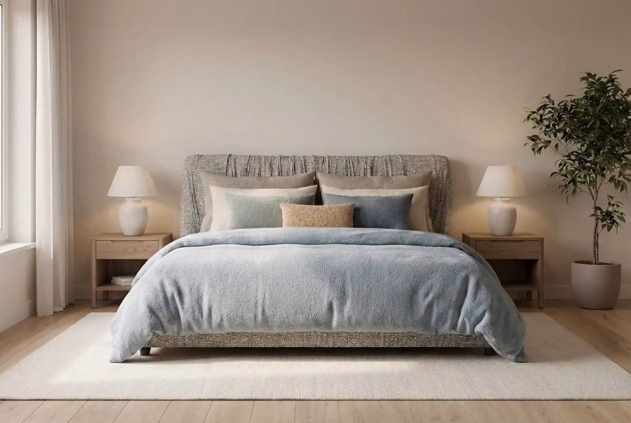 Araco Atelier Axis Bed in Ashlar Upholstered Fabric, Beige or Blue