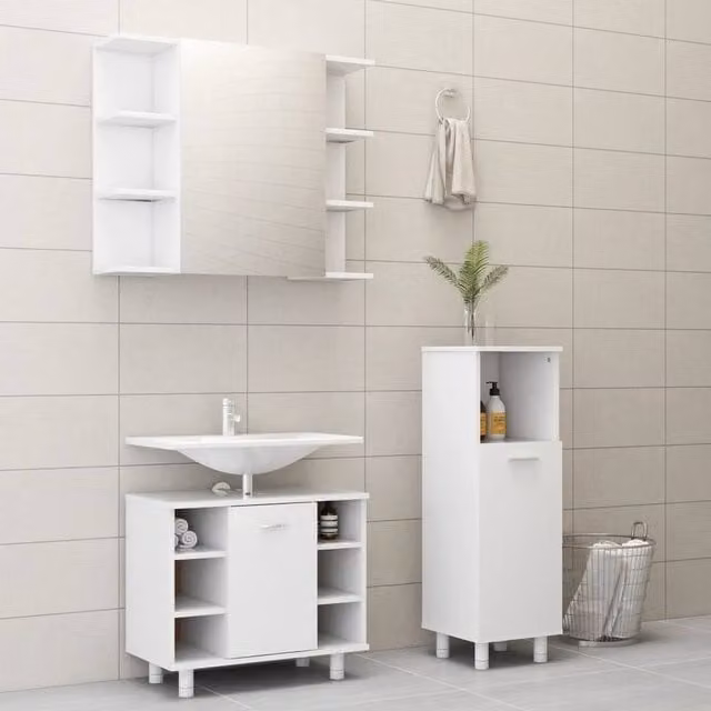Berkfield Home 3 Piece Modern White MDF Bathroom Furniture Set Including Vanity Unit, Mirror Cabinet and Wall Cabinet