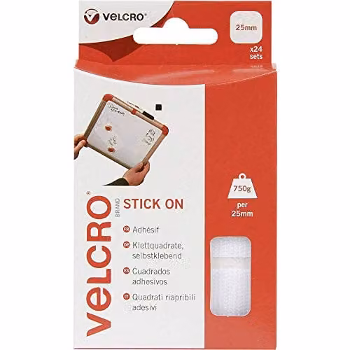 VELCRO Brand Double Sided Self Adhesive Hook and Loop Stick On Squares, White, 25 x 25 mm, Set of 24