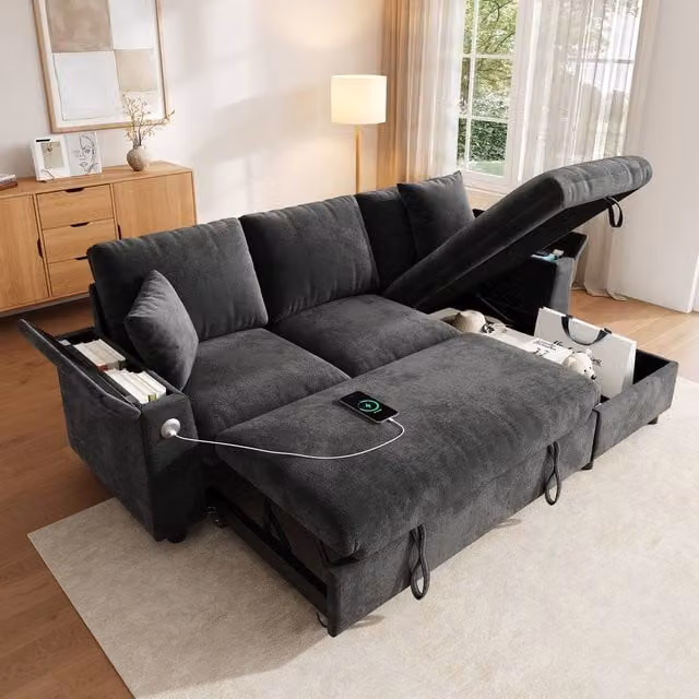 Merax Reversible L-Shape Corner Sofa Bed in Grey with Storage, USB Charging and Cup Holder