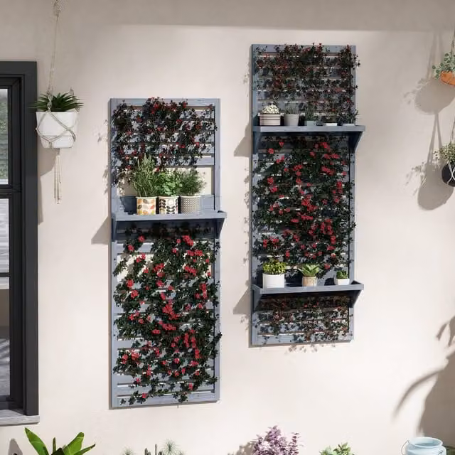 Outsunny Set of 2 Grey Wall Mounted Wooden Plant Stands with Slatted Trellis