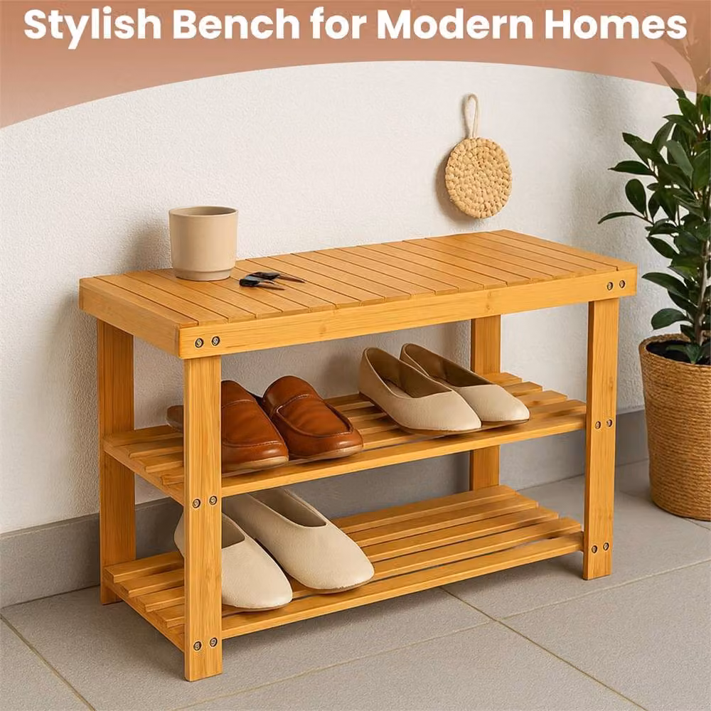 Ventryn 2 Tier Bamboo Shoe Rack Seating Bench in Brown – 3