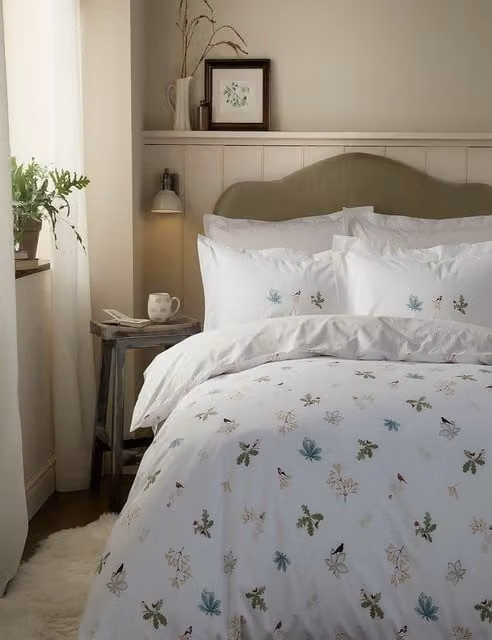 Sophie Allport Orchard Birds Pure Cotton Percale Bedding Set, White Mix, W: 140 cm, L: 200 cm