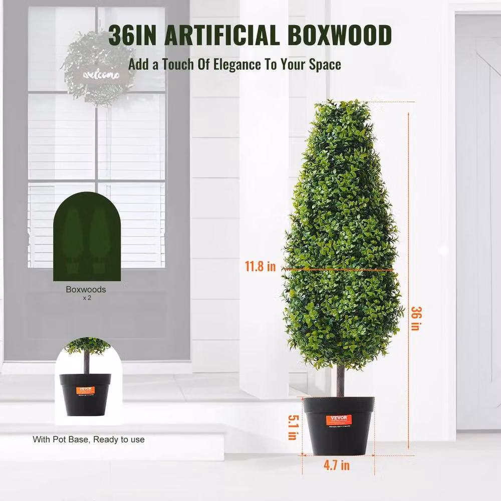 PAWNORA 2 Pack 3ft Artificial Round Boxwood Topiary Trees in Green – 2