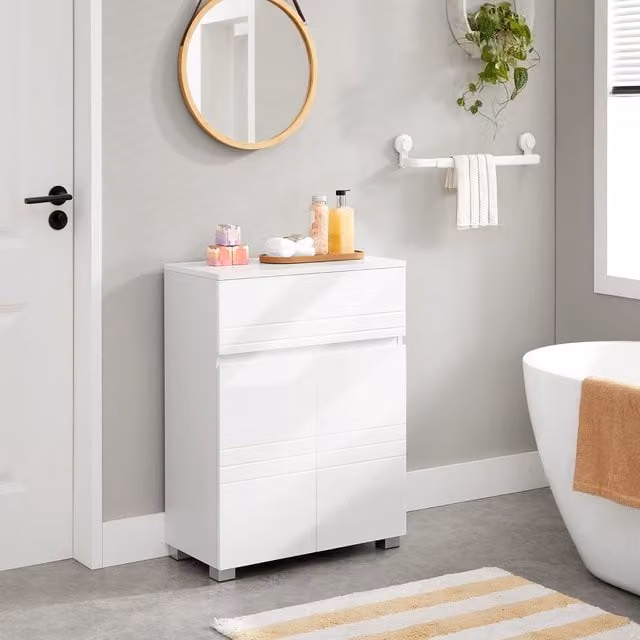 VASAGLE White Modern Bathroom Cabinet with Drawer, Double Hinged Doors and Adjustable Internal Shelves