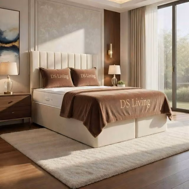 DS Living Aria Cream Velvet Upholstered Ottoman Bed, W/D/H: 140 x 200 cm