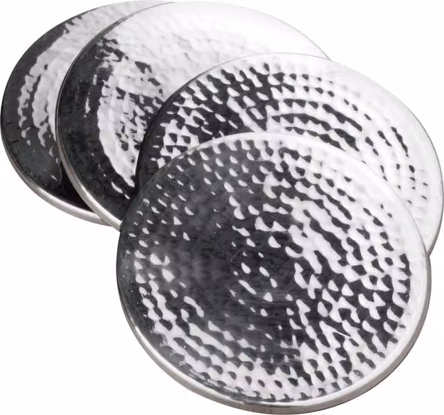 Orsina Set of Four Round Hammered Effect Stainless Steel Coasters in Silver – 1